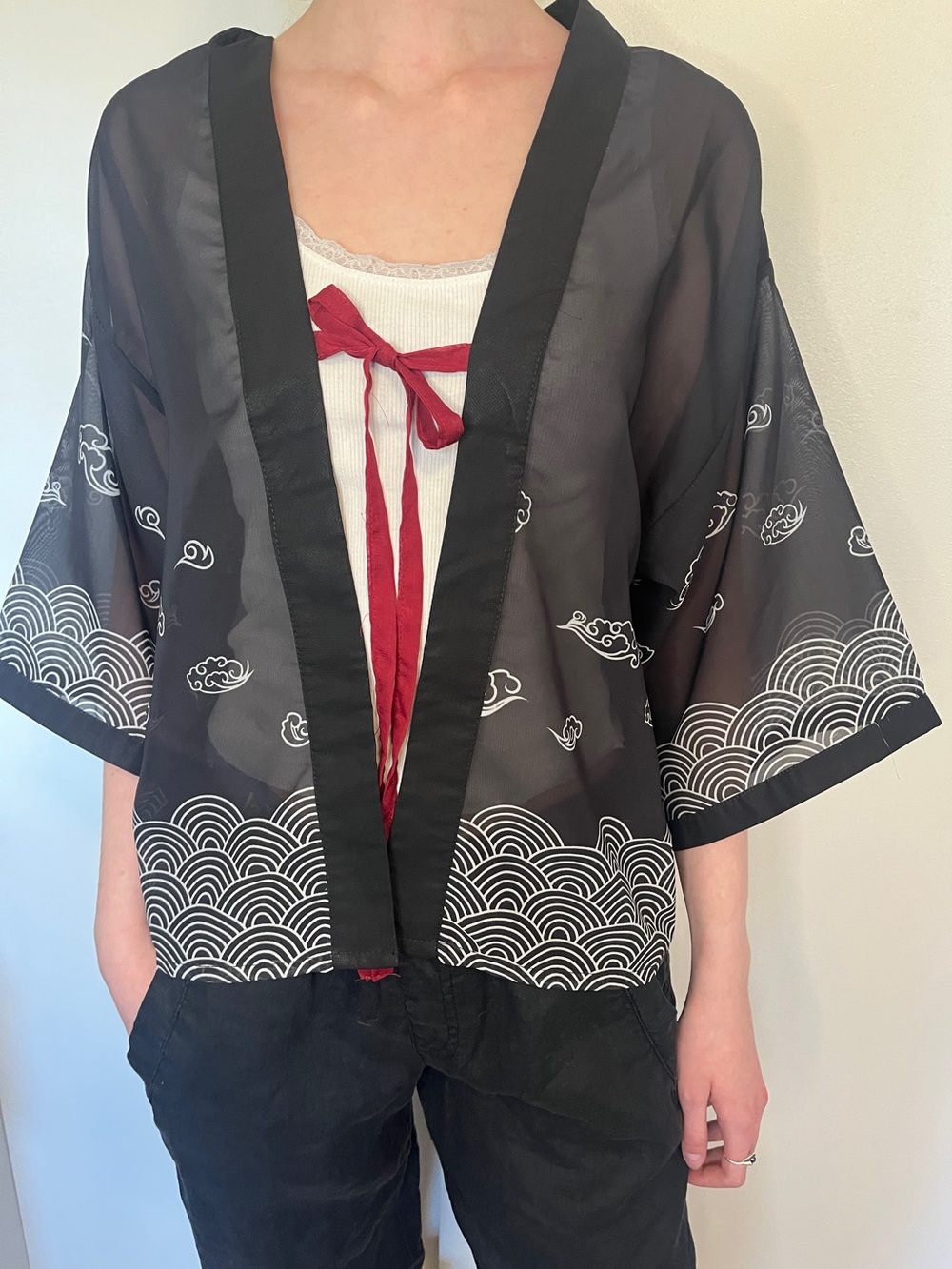 Black Sheer Wave-Print Kimono Top with Red Tie
